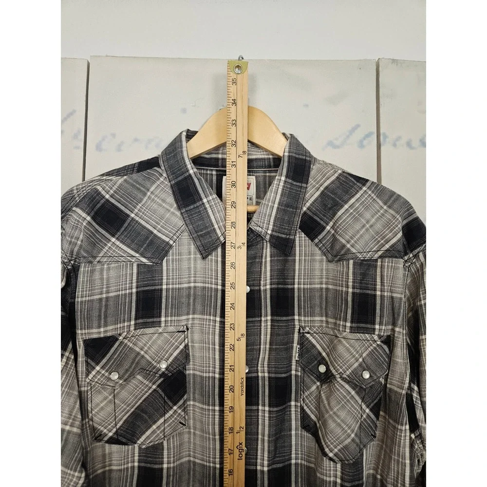 Levi's Western Shirt XXL Black Gray Plaid Pearl Snap Long Sleeve Cotton Sawtooth